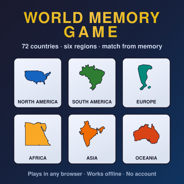 World Memory Game — country silhouettes for North America, South America, Europe, Africa, Asia and Oceania on memory cards